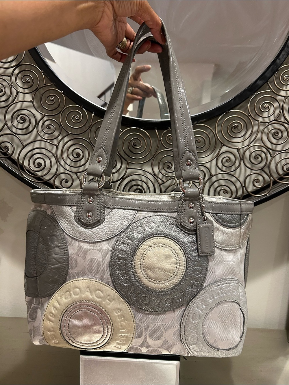 Coach Patchwork Circle Shoulder Bag in Gray & Cream